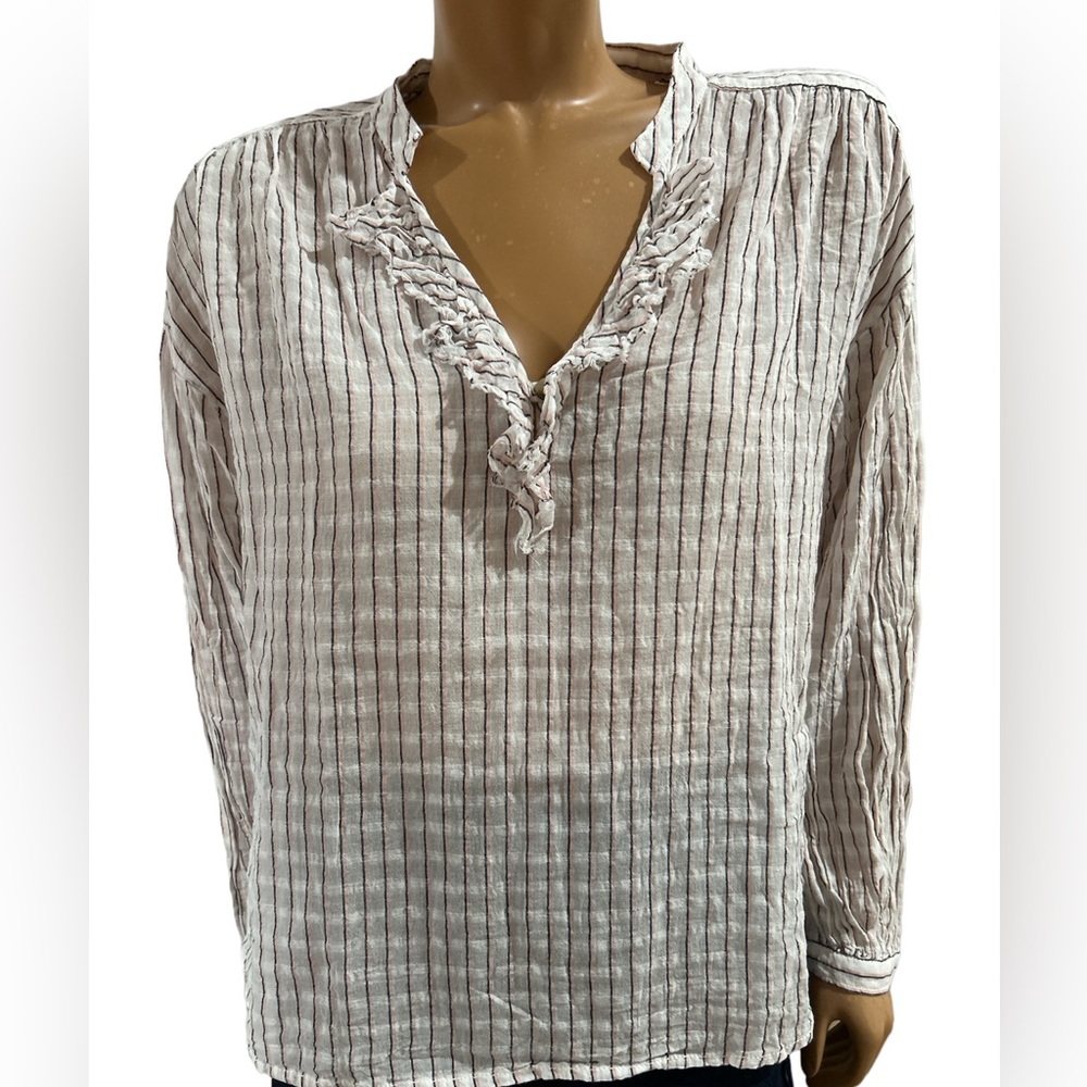 Anthropologie Pilcro Brianna Cotton Linen Blend Pink/Blk Striped Blouse Size S